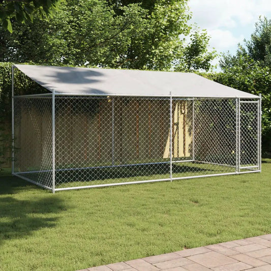 Hundezwinger aus verzinktem Stahl, Grau, mit Dach und Tür, 4x2x2 m, vidaXL