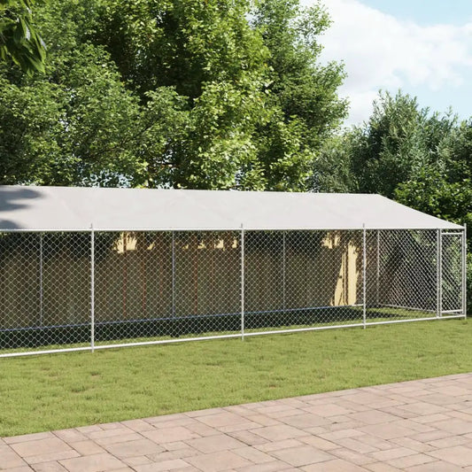 Hundezwinger mit Dach und Tür, Grau, 10x2x2 m, verzinkter Stahl – vidaXL, lange Kettenzaun-Reihe im Garten
