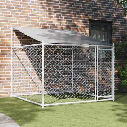 Hundezwinger mit Dach und Tür, verzinkter Stahlrahmen, graues Dach, Maschendrahtzaun, 2x2x2 m Außenbereich