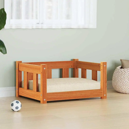 Hundebett aus massivem Kiefernholz, wachsbraun, 55x45x28 cm, mit beigem Polster
