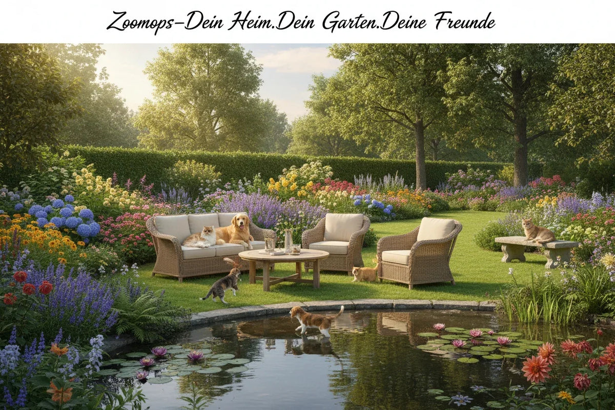 Hunde und Katzen entspannt in einem blühenden Garten mit Gartenmöbeln und Teich.