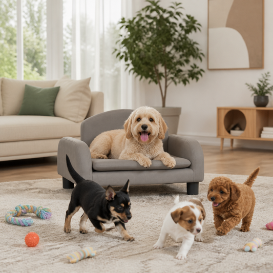 Hundebett Taupe aus Stoff, 50x40x30 cm, gepolstert mit runden Armlehnen