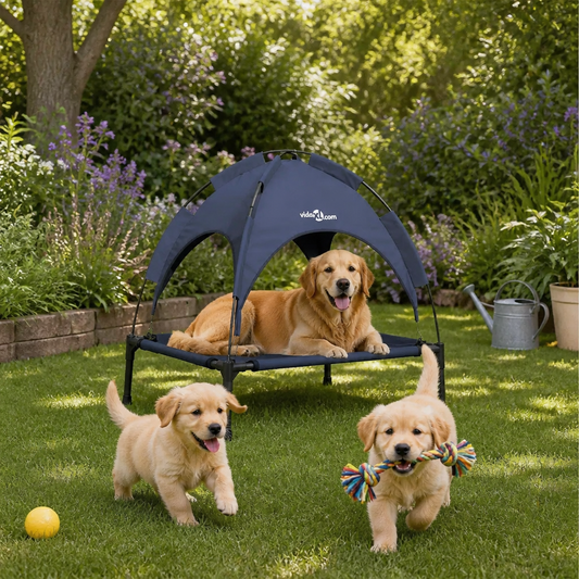 Hundebett Marineblau, 62x48x61 cm, Stahlrahmen mit Sonnendach, vidaXL