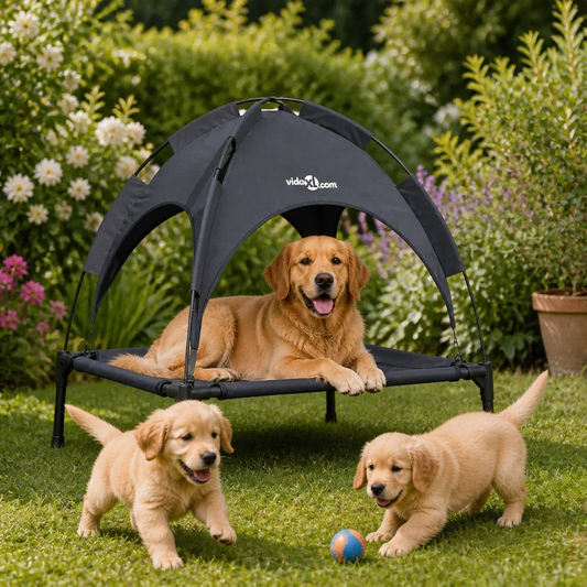 Hundebett Schwarz 62x48x61 cm Stahl von vidaXL mit Baldachin auf Terrasse
