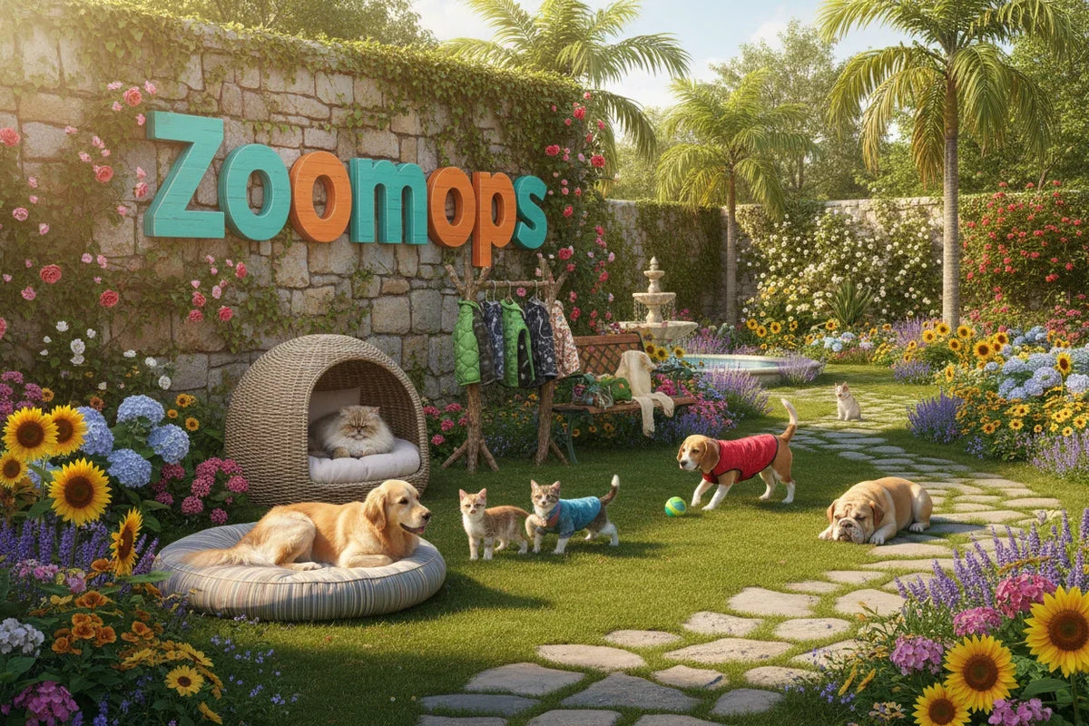 Verschiedene Hunde und Katzen in einem blühenden Garten mit Zoomops Logo an einer Steinmauer.