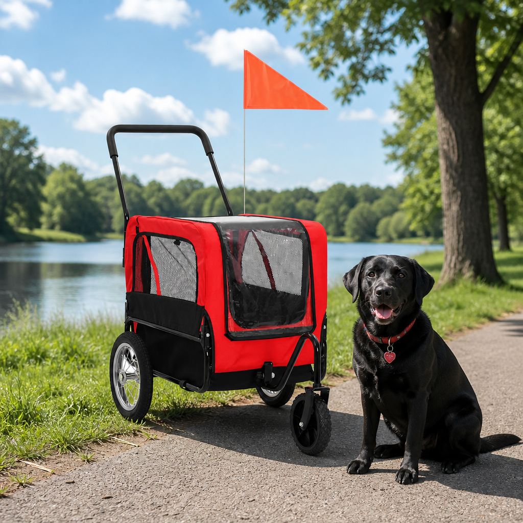 2-in-1 Fahrradanhänger für Hunde und Buggy Rot und Schwarz