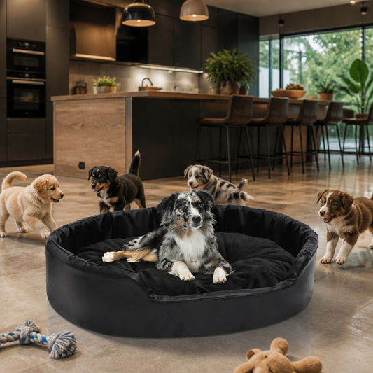Hundebett vidaXL Schwarz 90x79x20 cm aus Plüsch und Kunstleder, runde Form
