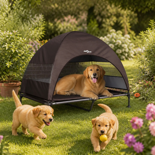 Hochgelegenes Hundebett aus Stoff und Stahl in Braun von vidaXL, 127 x 81 x 108 cm.