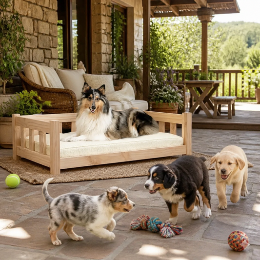 Hundebett aus Naturholz mit beiger Polsterung, Größe 95,5 × 65,5 × 28 cm