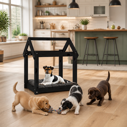 Hundebett vidaXL Schwarz 61x50x70 cm Massivholz Kiefer, Hund liegt darauf
