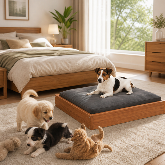 Hundebett aus Massivholz Kiefer, wachsbraun, 72×54×9 cm, vidaXL mit dunkelgrauem Polster