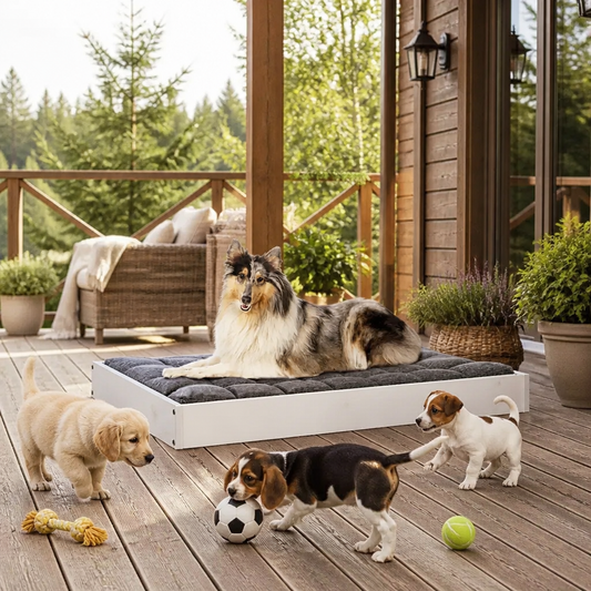 Hundebett vidaXL Weißes Massivholz Kiefer 91,5x64x9 cm mit grauer Polsterung