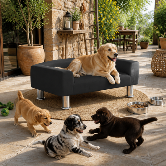 Hundebett Schwarz Samt 70x45x26,5 cm mit glänzenden Metallfüßen