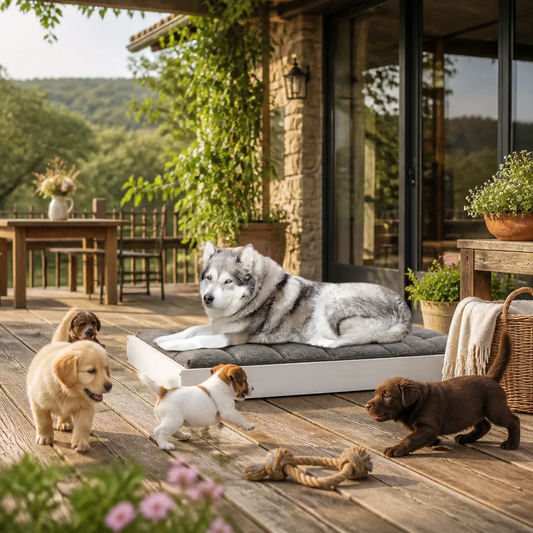 Hundebett vidaXL Weißes Massivholz Kiefer, 101,5x74x9 cm, mit grauem Polsterkissen
