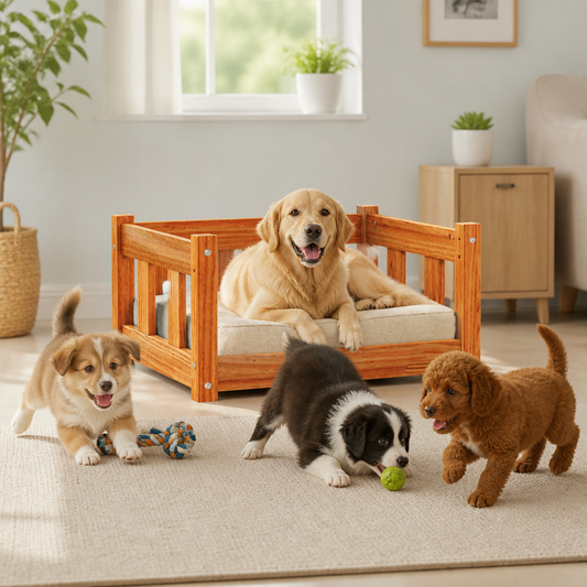 Hundebett aus massivem Kiefernholz, wachsbraun, 55x45x28 cm, mit beigem Polster
