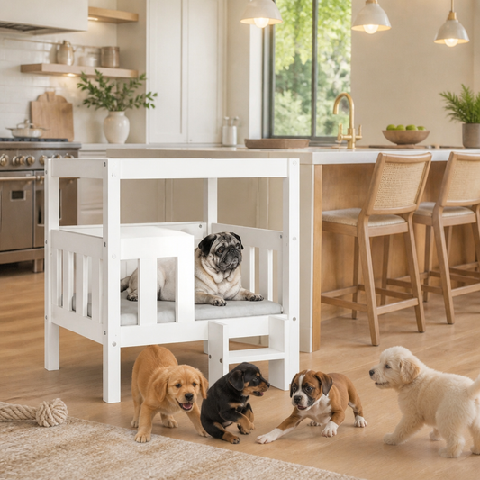 Hundebett Weiß aus Massivholz Kiefer, 65,5x50,5x70 cm, mit integrierter Treppe