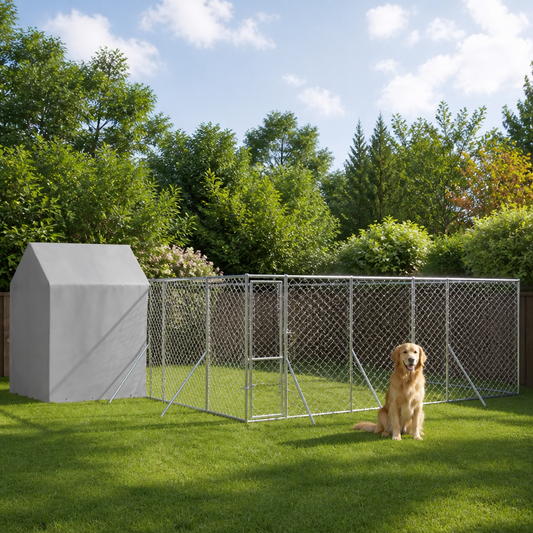 Hundezwinger mit Dach aus verzinktem Stahl, silberner Zaun, 10×6×2,5 m – Outdoor-Hundezwinger
