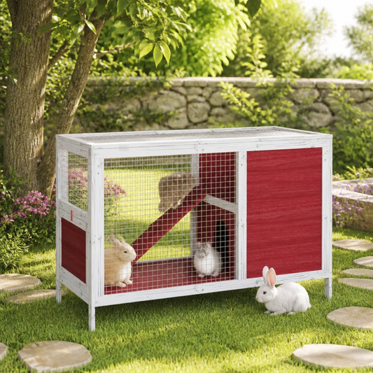 Kaninchenstall Mokka von vidaXL 103x44x69,5 cm aus Massivholz Kiefer – rote Seitenpaneele und Drahtgitterfront