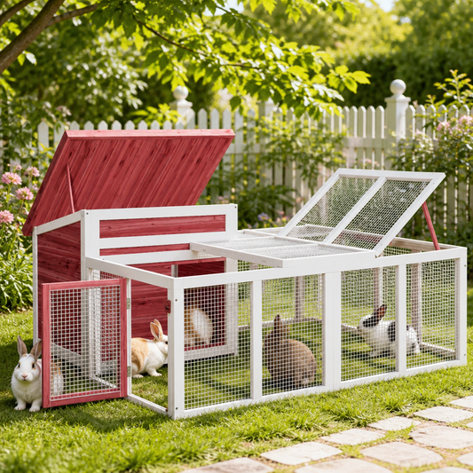 Kaninchenstall Mokka 144x123x67,5 cm Massivholz Kiefer – weißer Rahmen mit Drahtgitter