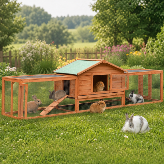 Kaninchenstall 310x70x87 cm aus Kiefernholz & Tannenholz – mehrteiliges Gehege mit Holzhaus