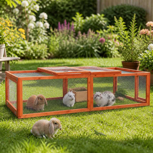 Kaninchenstall aus Massivholz Tanne, 183x90x46,5 cm, mit Drahtgitter für Kleintiere