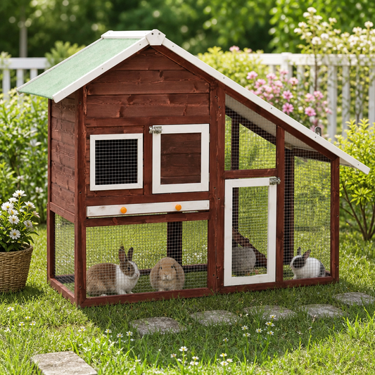 Kaninchenstall Mokka und Weiß aus Tanne Massivholz, 140x63x120 cm, für Kleintiere
