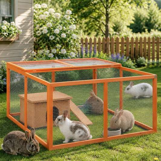 Kaninchenstall 124x120x60 cm aus Massivholz Tanne von vidaXL, orangefarbener Rahmen