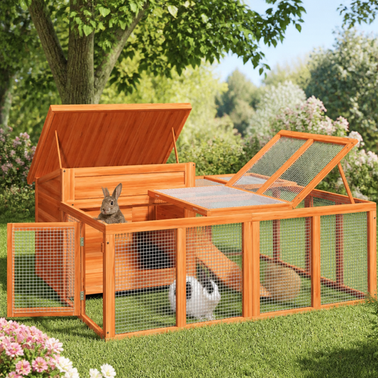 vidaXL Kaninchenstall Braun aus Massivholz Kiefer, 144x123x67,5 cm, mit Drahtgitter-Laufgehege
