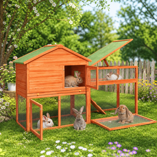 Kaninchenstall vidaXL Braun 185,5x60,5x109,5 cm Massivholz Kiefer mit grünem Dach und Drahtgehege für Kleintiere