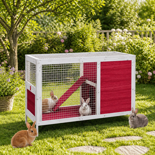 Kaninchenstall aus Massivholz Kiefer, rot, 103x44x69,5 cm, mit Drahtgitter und rotem Paneel