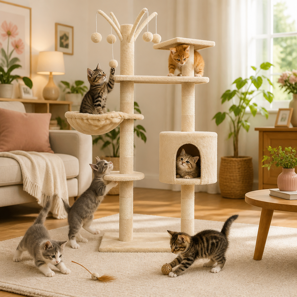 Katzen-Kratzbaum 125 cm Beige von vidaXL mit Höhle, Plattformen und Spielbällen