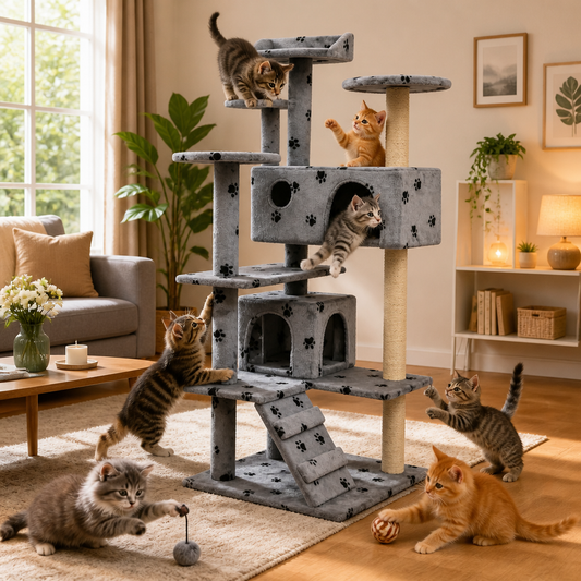 Katzen-Kratzbaum 125 cm grau mit Pfoten-Aufdruck, vidaXL