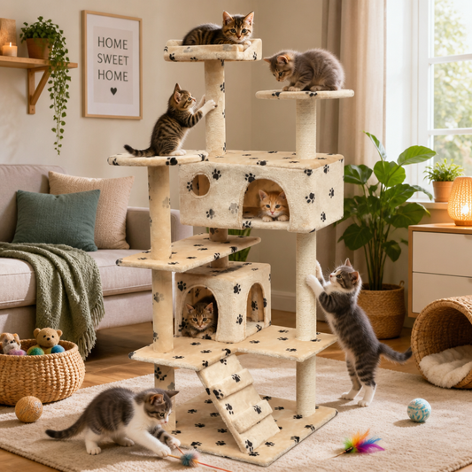 Katzen-Kratzbaum 125 cm beige mit Pfoten-Aufdruck, vidaXL