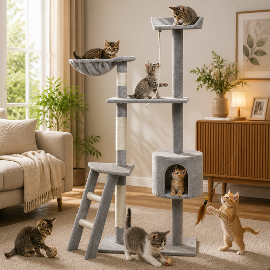 Katzen-Kratzbaum 150 cm Grau von vidaXL – mehrstöckiger Plüsch-Kratzbaum