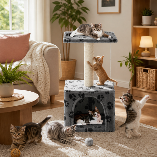 Katzen-Kratzbaum Sisal 55 cm Grau Pfoten-Aufdruck – vidaXL, grauer Kratzbaum mit Sisalstamm und Plüschplattform