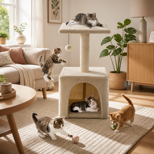 Katzen-Kratzbaum Sisal 55 cm Beige – beige Kratzbaum mit Sisalstamm, Plattform und Katzenhöhle (2 Katzen)
