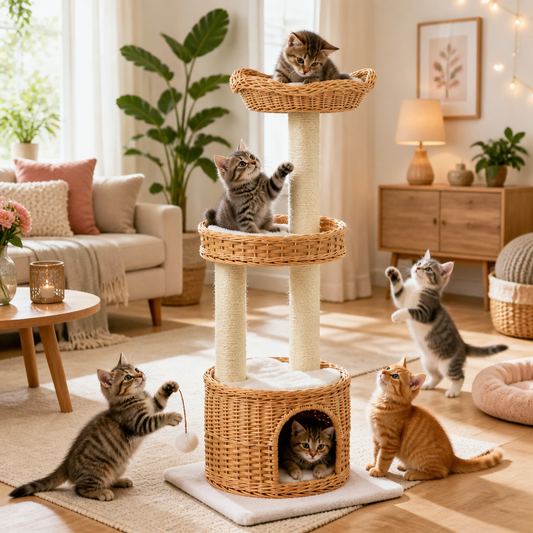 vidaXL Katzen-Kratzbaum aus Sisal und natürlichem Weidenholz, dreistöckiger Kratzbaum mit Höhle und Plattformen