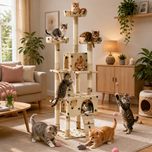 Katzen-Kratzbaum von vidaXL, 170 cm beige mit Pfoten-Aufdruck, Sisal-Säulen