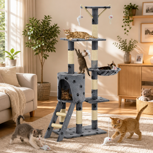 Katzen-Kratzbaum von vidaXL, 138 cm, grau, Pfoten-Aufdruck, Sisal, 3 Katzen