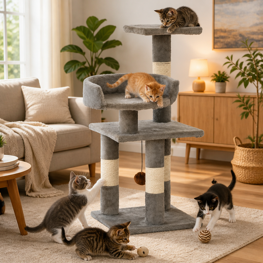 Katzen-Kratzbaum Grau von vidaXL mit Sisal-Kratzsäulen, mehrstufig, 65 cm Höhe