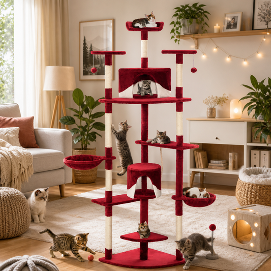 Katzen-Kratzbaum, rot-weiß, 203 cm, Sisal-Kratzsäulen; zeigt drei Katzen