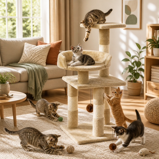 Katzen-Kratzbaum beige mit Sisal-Kratzsäulen, 65 cm, vidaXL, mehrstufig mit Spielball