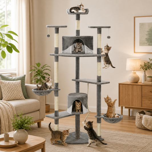 Katzen-Kratzbaum mit Sisal-Kratzsäulen, 203 cm, Grau und Weiß