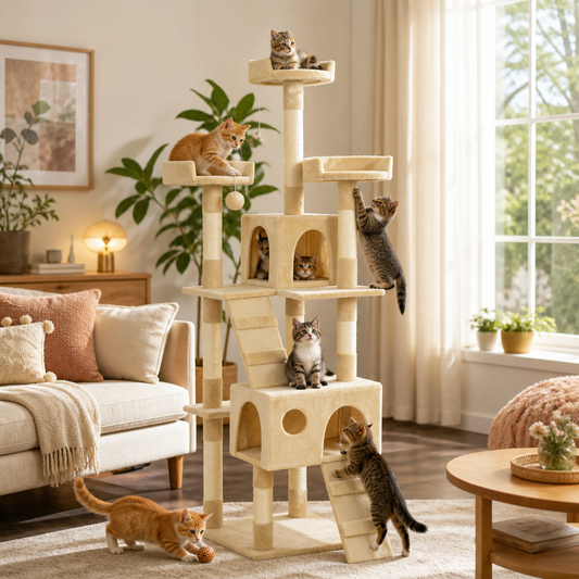 Katzen-Kratzbaum 170 cm beige mit Sisal-Säulen, mehrstöckig mit Höhle und Rampen
