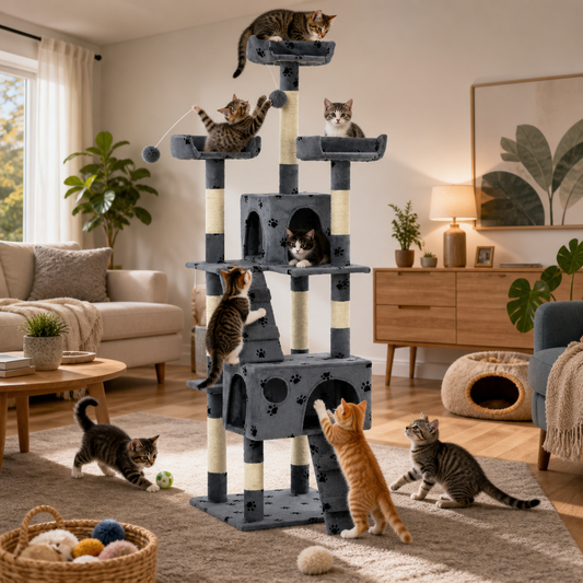 Katzen-Kratzbaum VidaXL Grau mit Sisal-Säulen, Pfoten-Aufdruck, 170 cm hoch