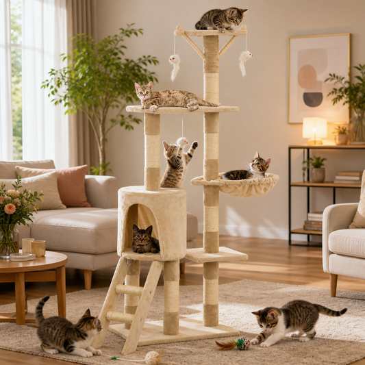 Katzen-Kratzbaum beige 138 cm mit Sisal-Säulen, Höhle, Hängematte, Leiter – drei Katzen von vidaXL
