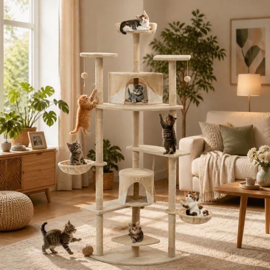 vidaXL Katzen-Kratzbaum Sisal 203 cm beige/weiß – mehrstöckiger Kratzbaum mit Höhle