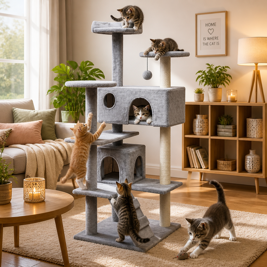 Katzen-Kratzbaum Sisal 125 cm Grau – vidaXL mehrstöckiger Kratzbaum mit Höhle, Plattformen und Rampen