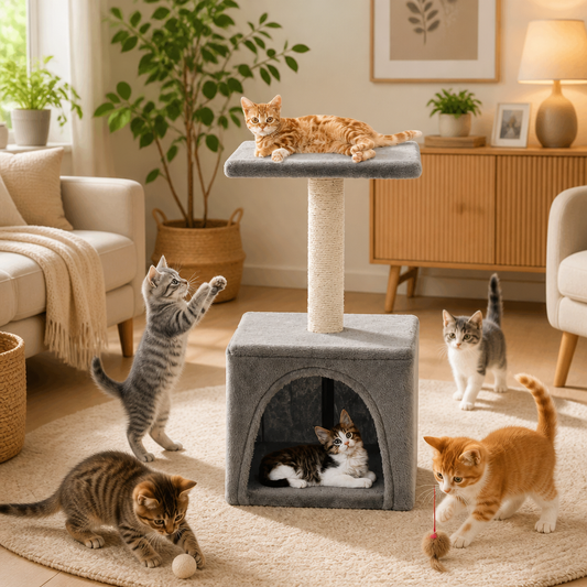 Katzen-Kratzbaum Sisal 55 cm Grau, vidaXL – grauer Kratzbaum mit Höhle und oberer Liegeplattform, zwei Katzen