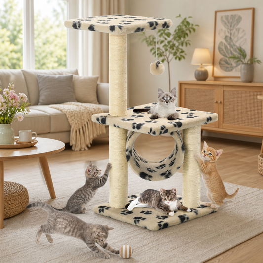 Katzen-Kratzbaum aus Sisal, beige Pfoten-Aufdruck, 65 cm hoch, mit Tunnel und hängendem Spielball
